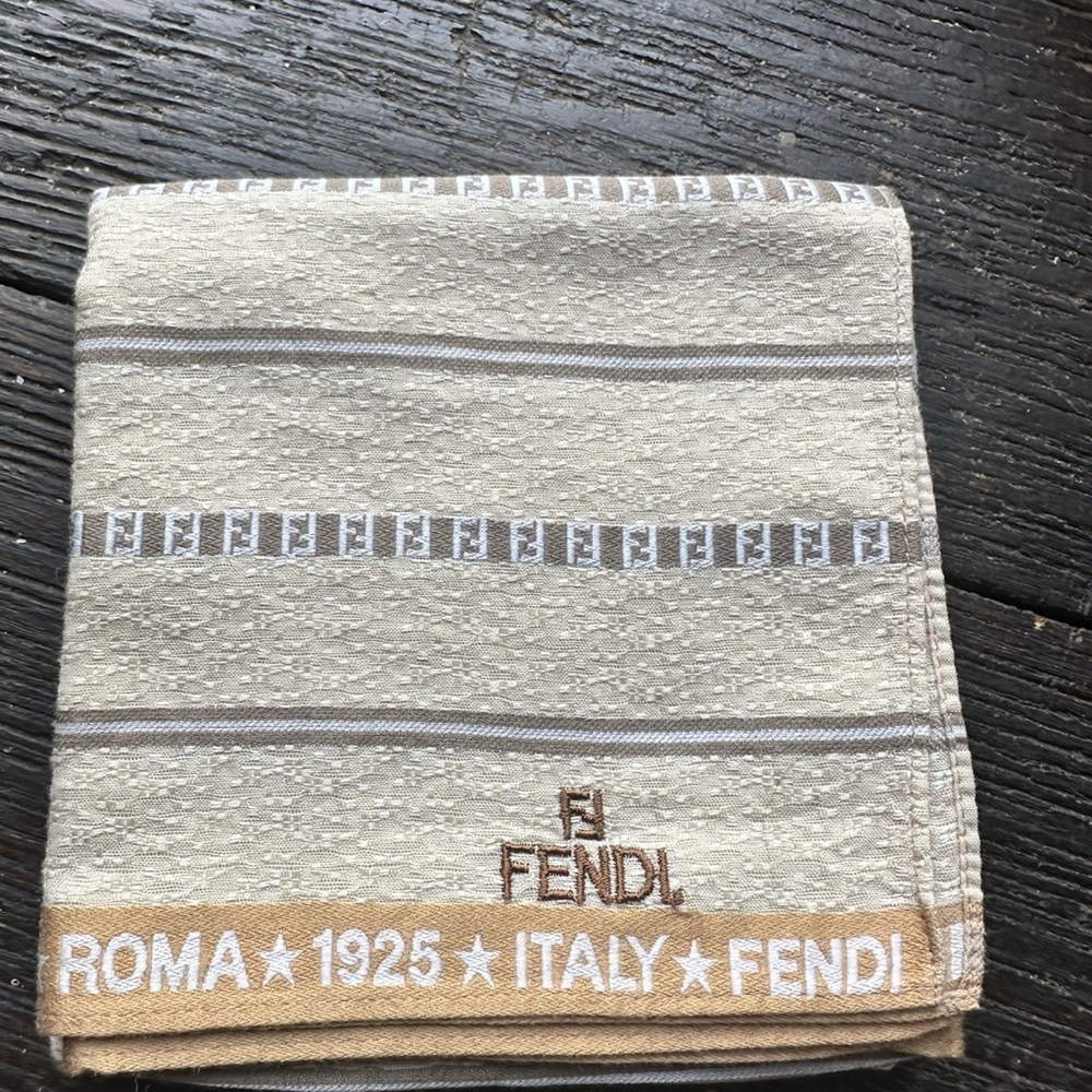 FENDI Vintage Roma 1925 Italy FF Logo Cotton Square Scarf Beige